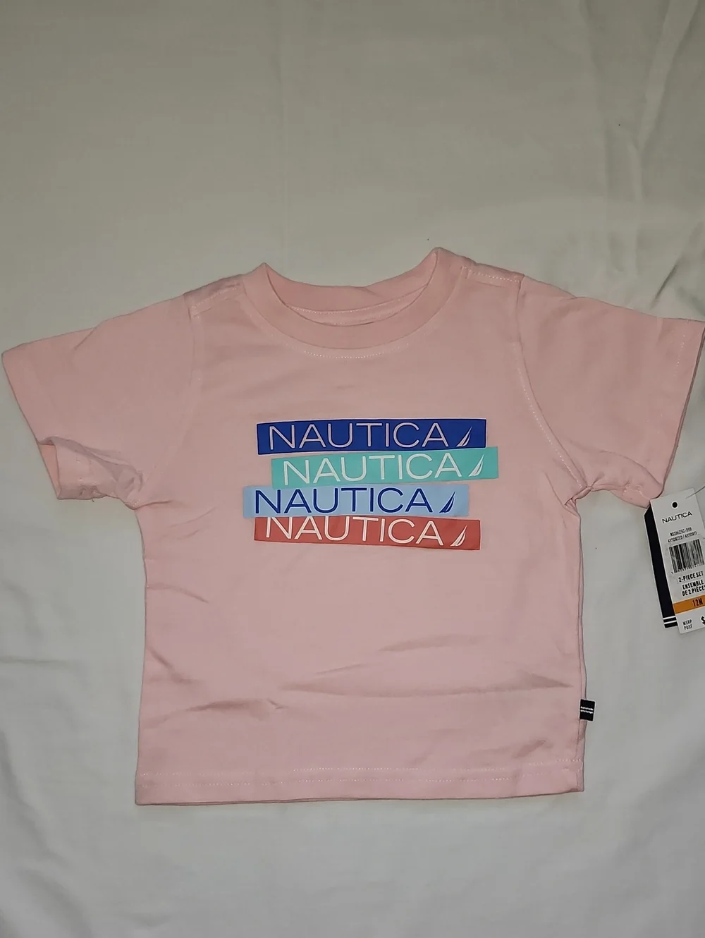 Nautica Boys 2-Piece Short Set Pink Multi-Logo Tee & Striped Shorts NWT
